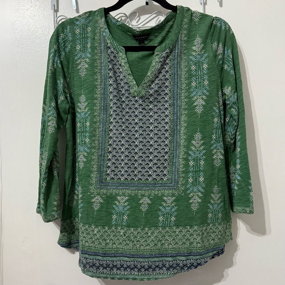 Women's Lucky Brand Green Boho Collarless Tunic Size L/G